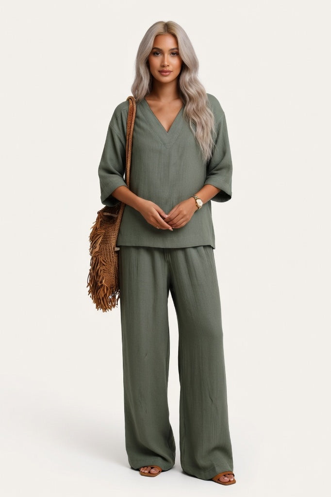 V-Neck Co-Ord Set — Grey