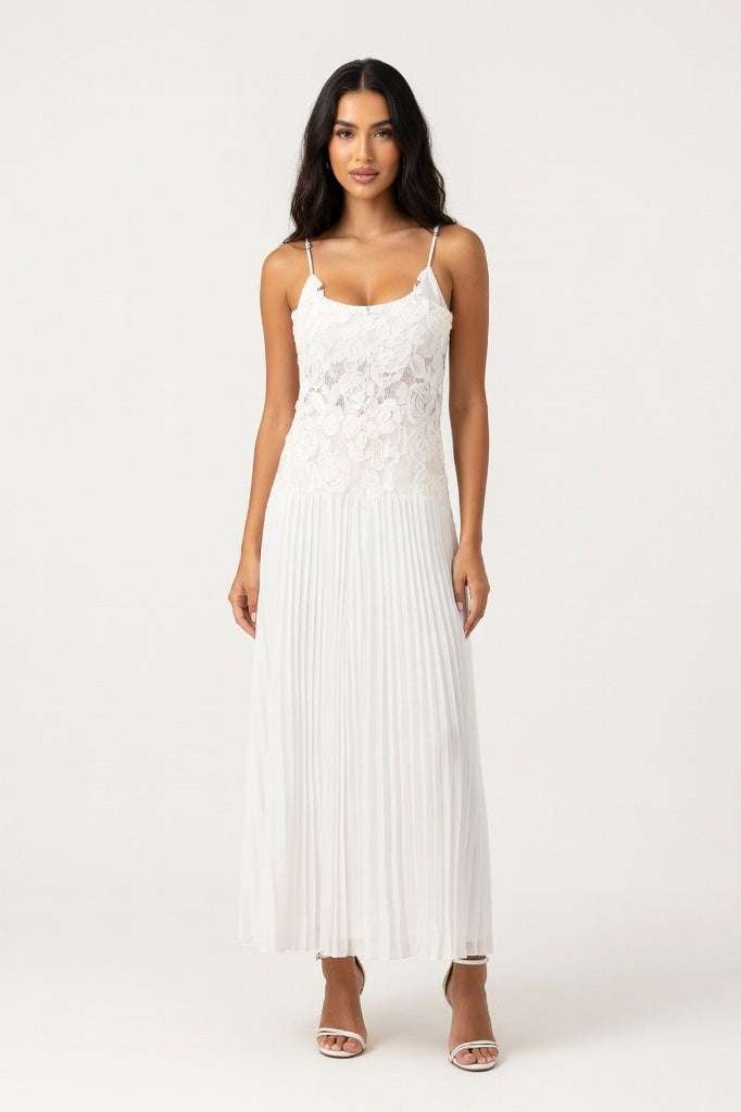 Rose Detail Ruffle Halter Dress — White Long