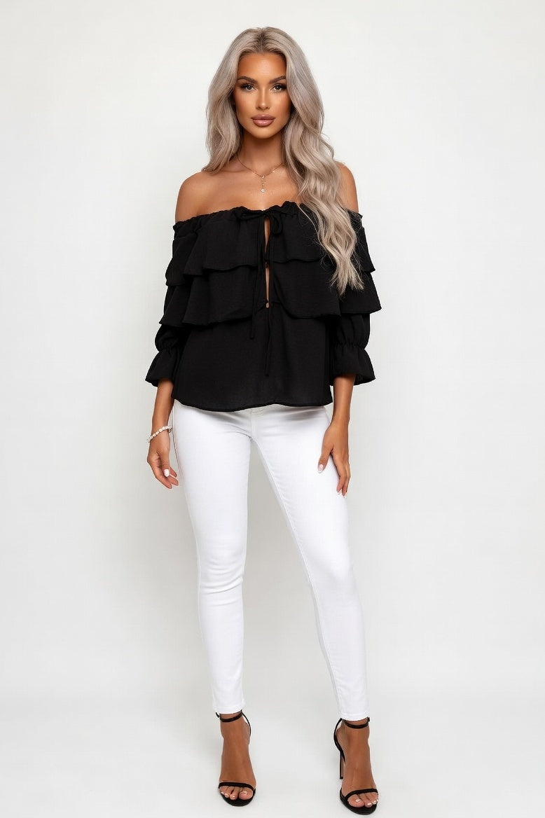 Off Shoulder Chiffon Top — Black