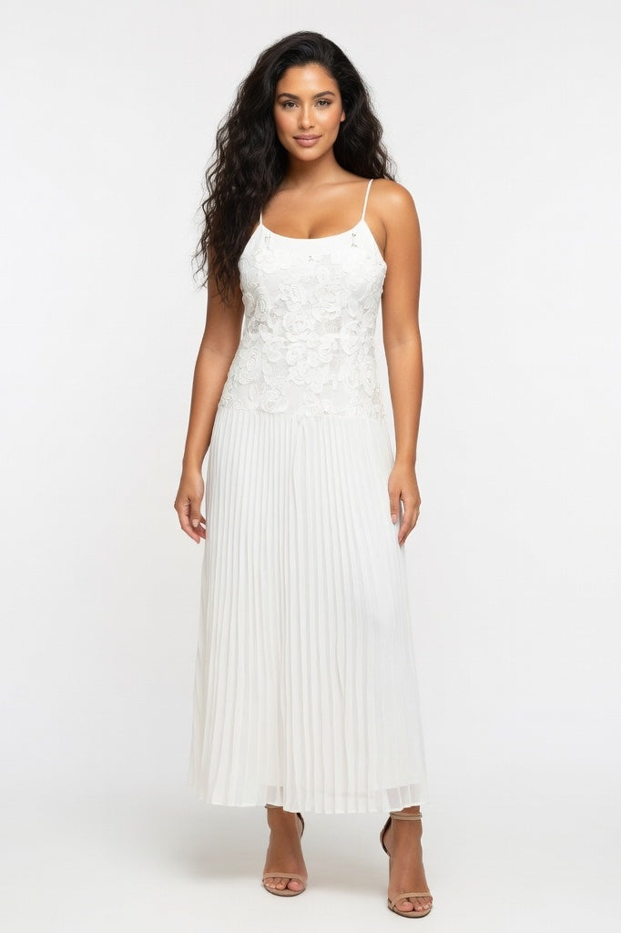 Rose Detail Halter Dress — White Long