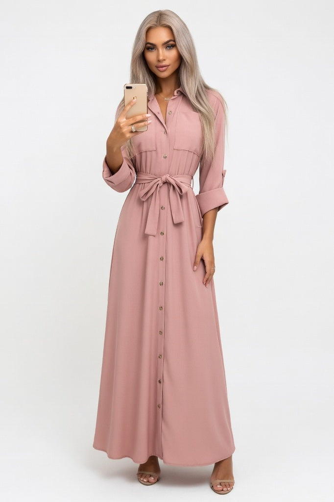 Button Through Chiffon Midi Dress — Pink