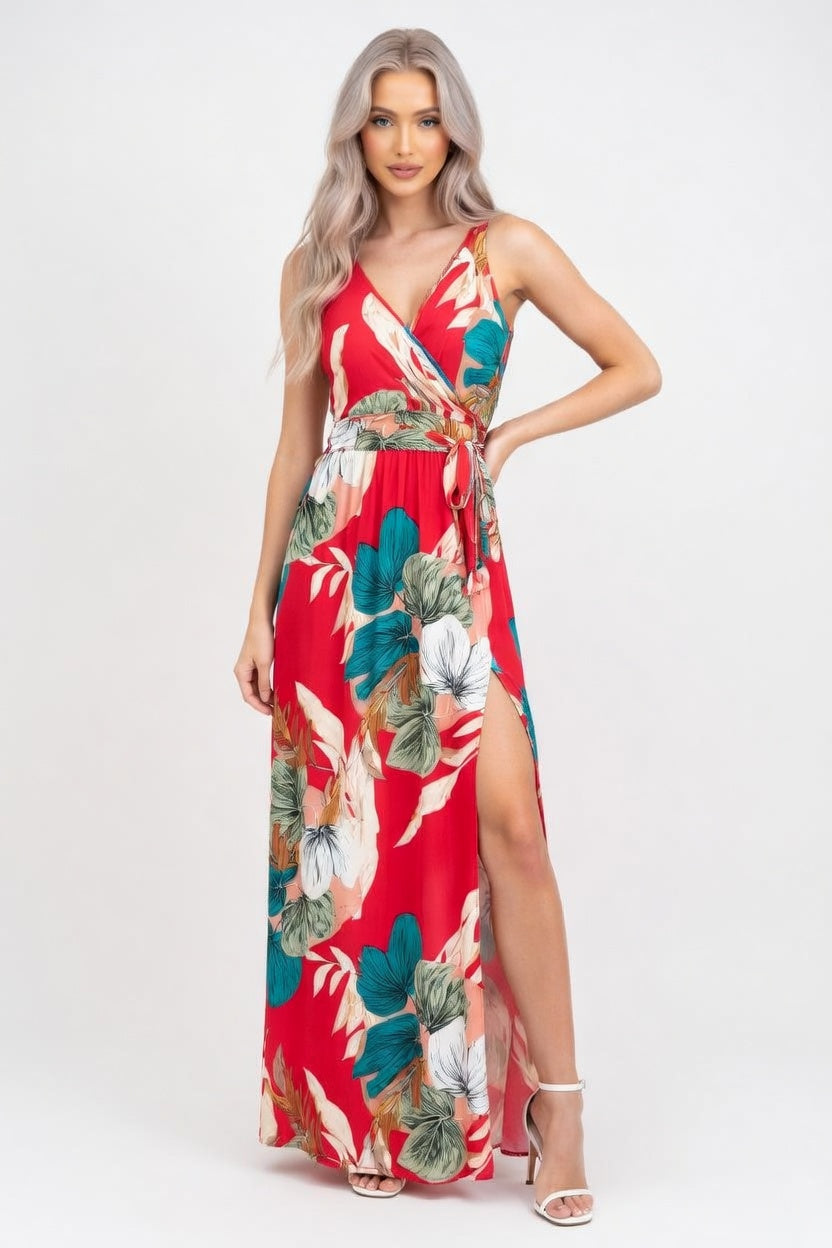 Printed V-Neck Sleeveless Dress — front view