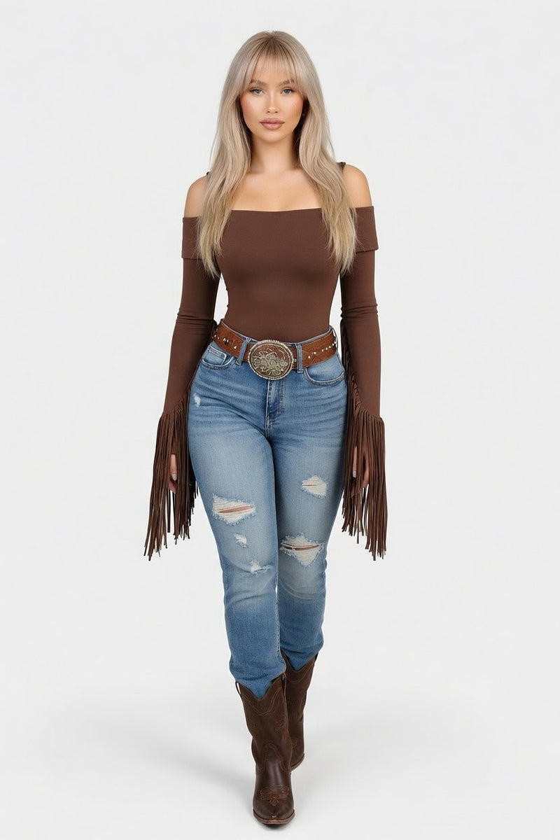 Tassel Western Bodysuit — Light Brown