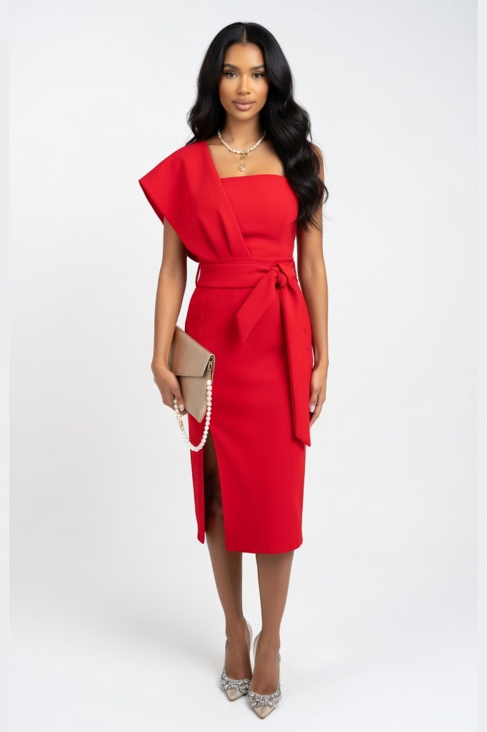 Off Shoulder Bodycon Dress with Side Slit — Red
