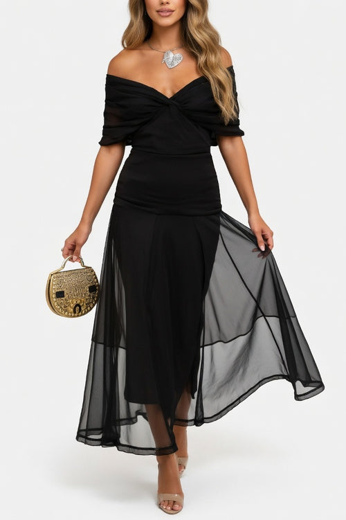 Printed Off-Shoulder Pleated Dress — Dark Brown