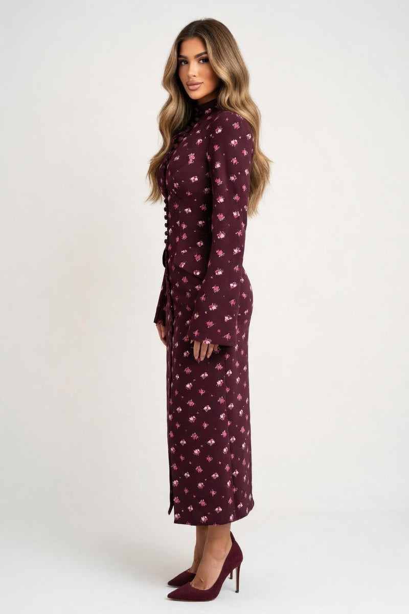 Single-Breasted Printed Slit Dress — side view