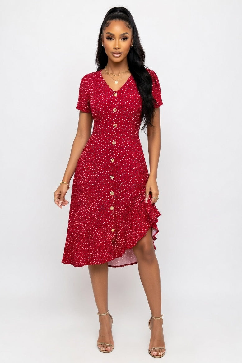 Polka Dot V-Neck Shirt Dress — Burgundy