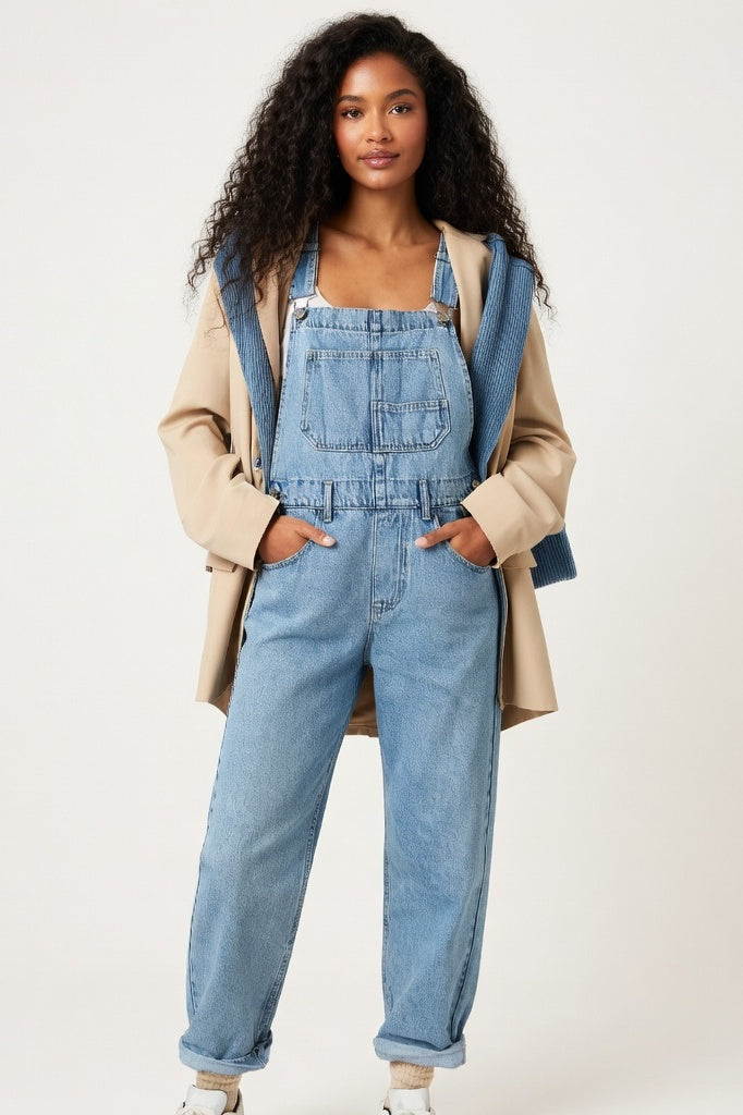 Washed Denim Overalls — Light Blue