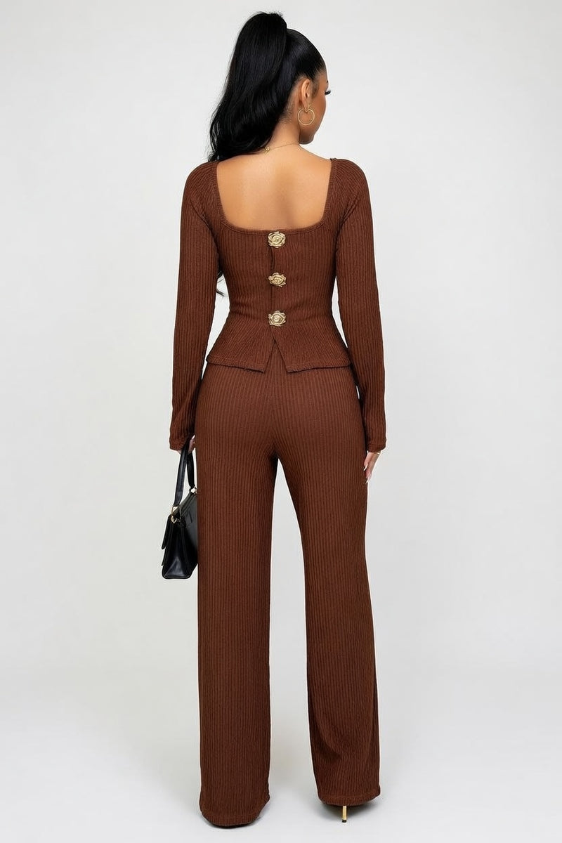 Square Collar Knit Suit with Metal Rose Buckle — back view