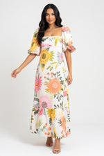 Off-Shoulder Printed Swing Dress — Orange Red