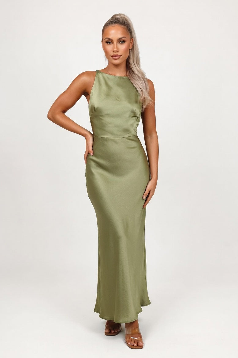 Satin Halter Dress — Olive