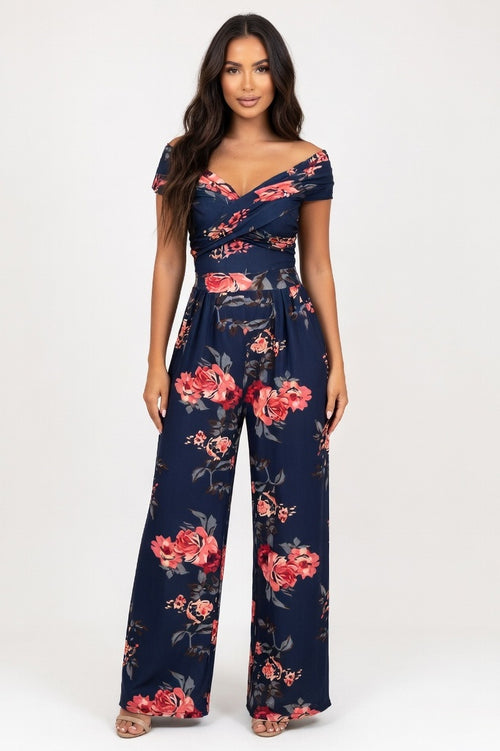 Printed Wide Leg Jumpsuit — Dark Blue Red Floral