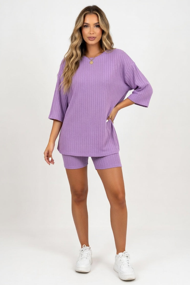 Round Neck Shorts Co-Ord Set — Violet