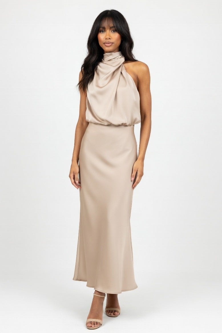 Satin Sleeveless Dress — Apricot