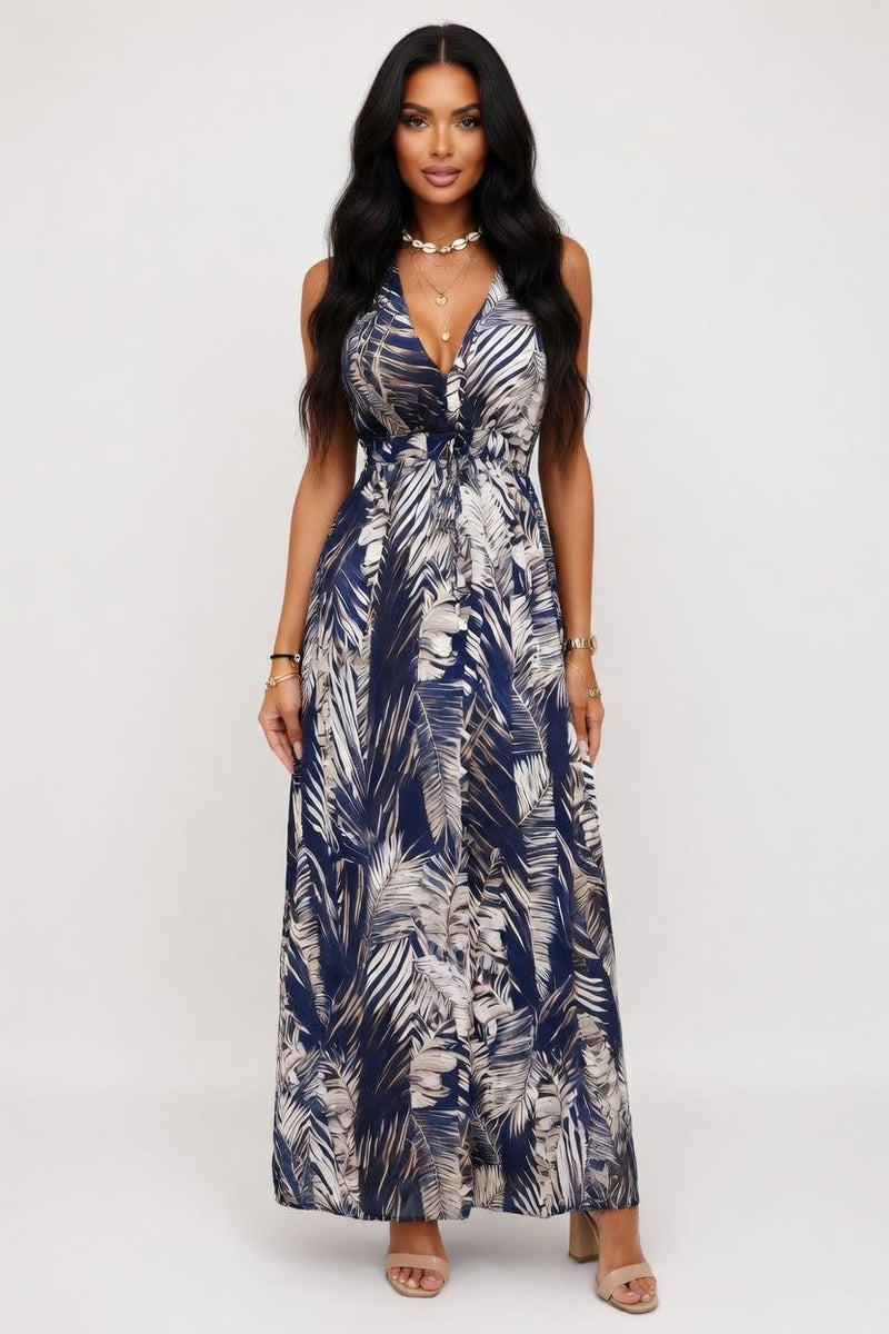Backless Printed Strap Dress — Green Print