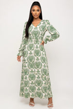Printed V-Neck Swing Dress — Green