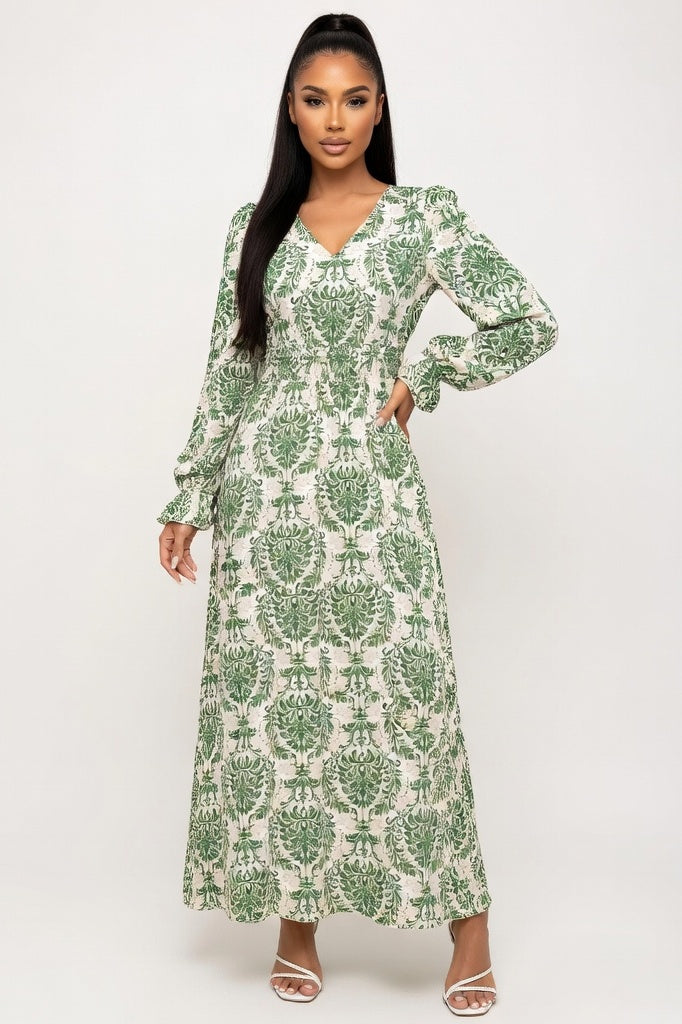 Printed V-Neck Swing Dress — Green