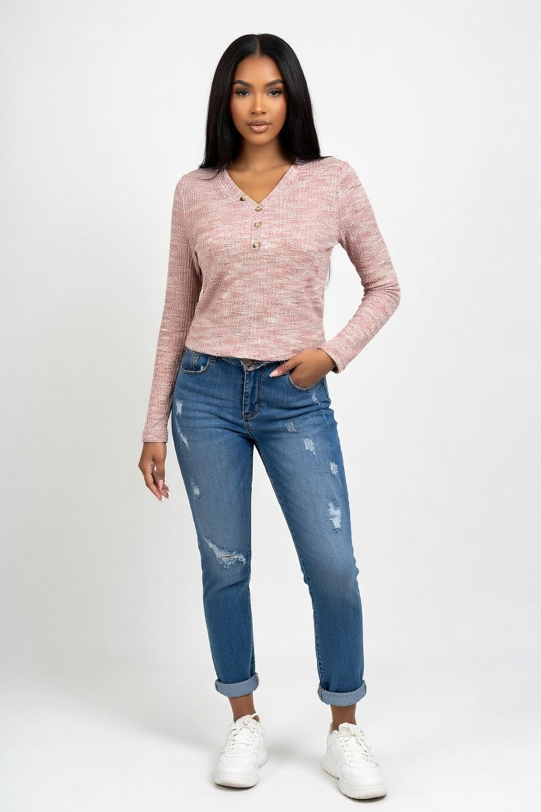 V-Neck Long Sleeve Pullover — Pink