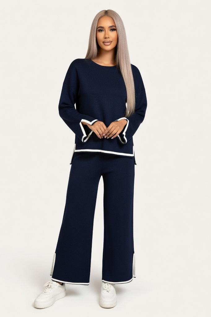 Contrast Detail Knit Co-ord Set — Navy Blue