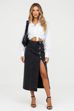High Waist Slit Denim Skirt — Distressed Black