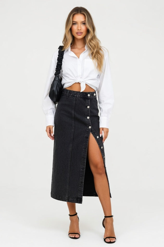 High Waist Slit Denim Skirt — Distressed Black