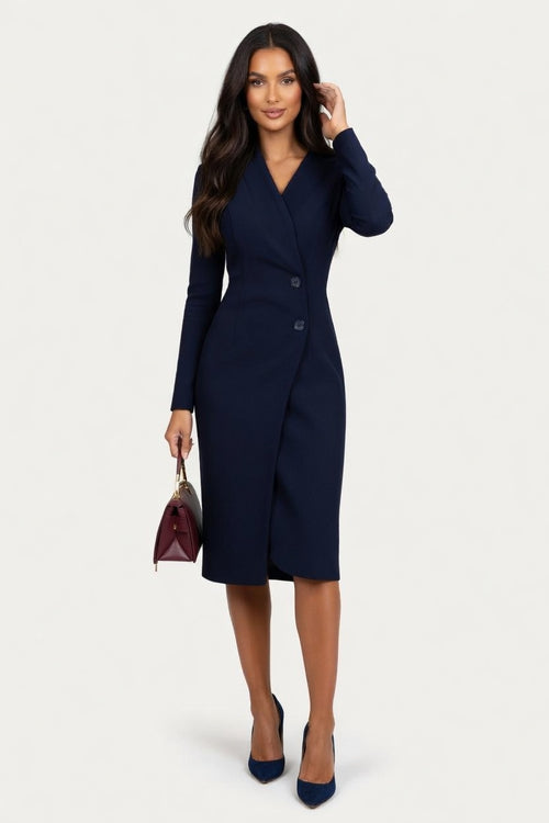 Button Front V-Neck Hip Cover Dress — front view