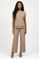 Knitted Co-ord Set Sleeveless Vest + Wide Leg Trousers — Khaki