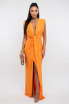 Satin V-Neck Pleated Dress
