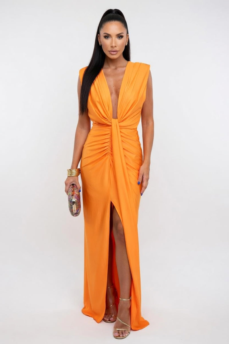 Satin V-Neck Pleated Dress — front view