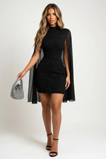 Sheer Cape High Neck Dress — Black