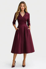 Satin Lapel Shirt Dress — Burgundy