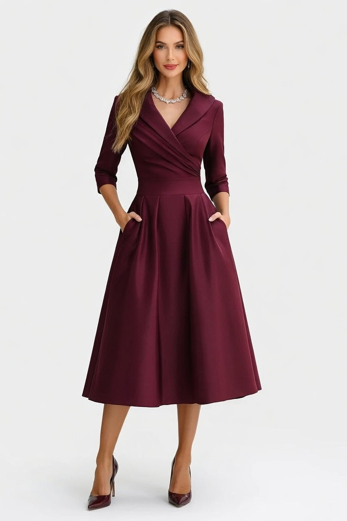 Satin Lapel Shirt Dress — Burgundy