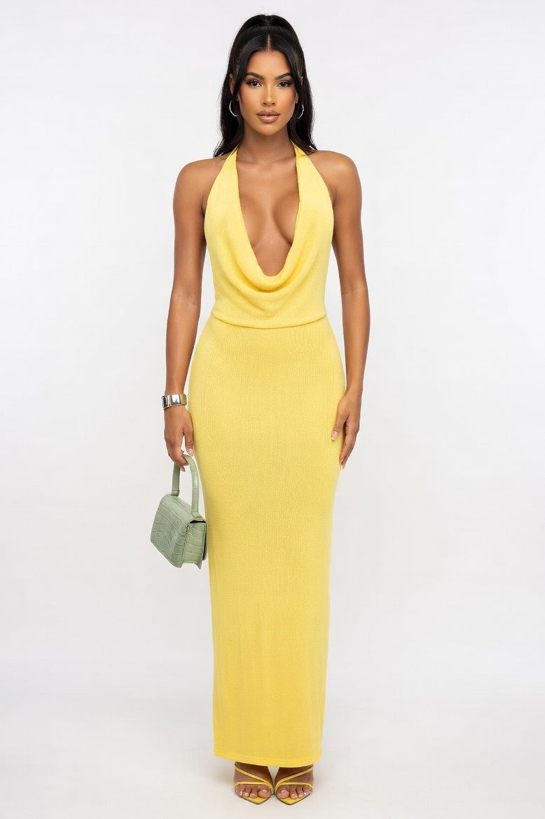 Halter Pleat Mini Dress — Yellow