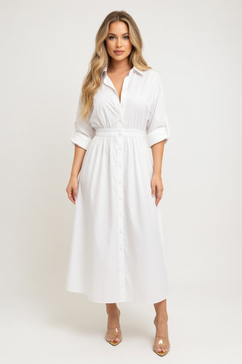 Belted Shirt Dress — White