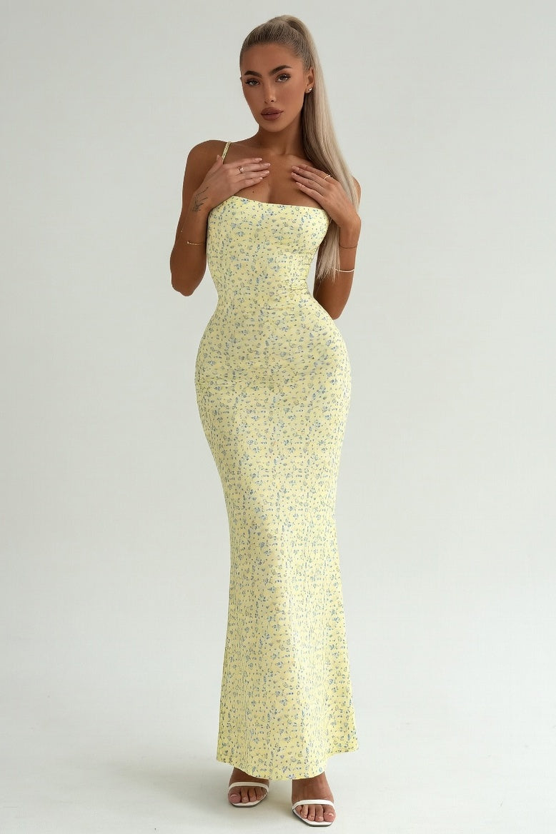 Strapless Floral Midi Dress — Light Yellow