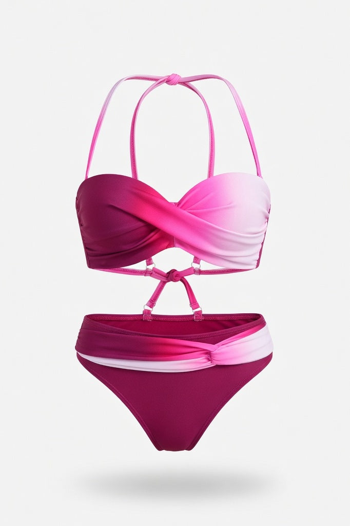 Gradient Twist Bandeau Bikini Set — Red