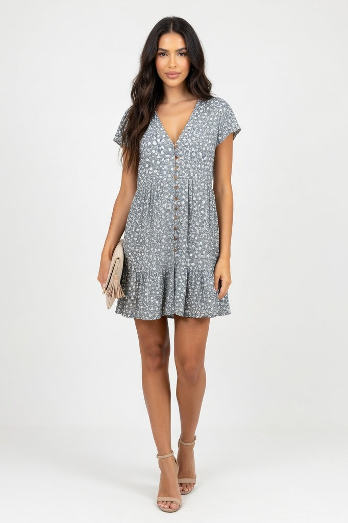 V-Neck Floral Chiffon Dress — Black