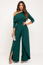 One Shoulder Pleated Wide Leg Jumpsuit — Green