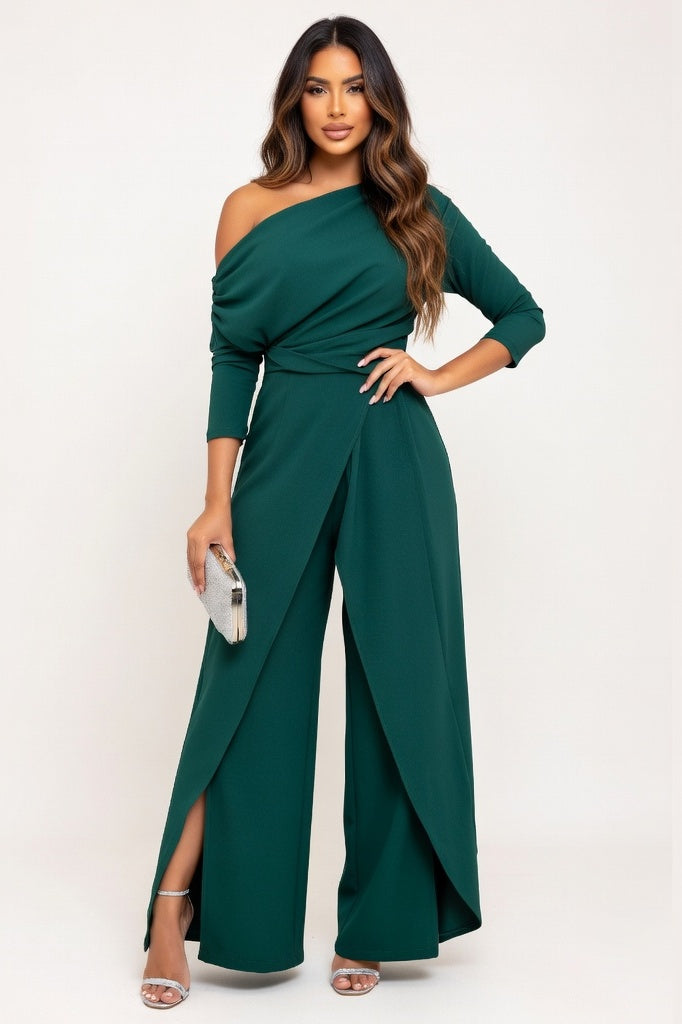 One Shoulder Pleated Wide Leg Jumpsuit — Green