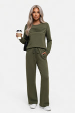 Ribbed Top & Wide Leg Trouser Set — Army Green