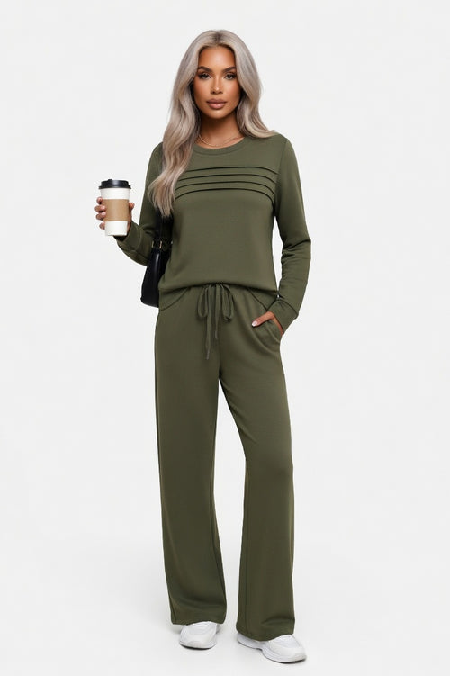 Ribbed Top & Wide Leg Trouser Set — Army Green