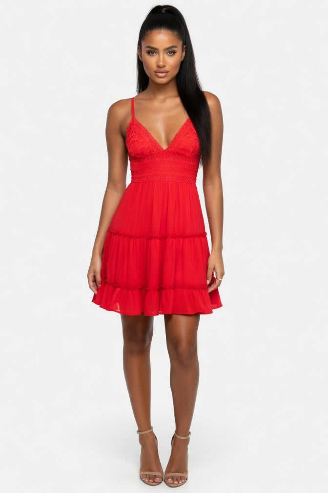 Lace Splice Cami Dress — Red