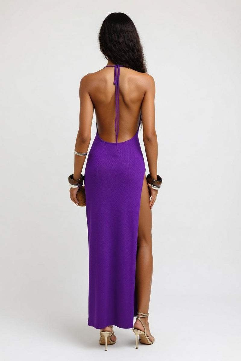 Knit Halter Dress with Side Slits — back view