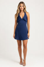 Satin Lace-Up Backless Dress — Blue