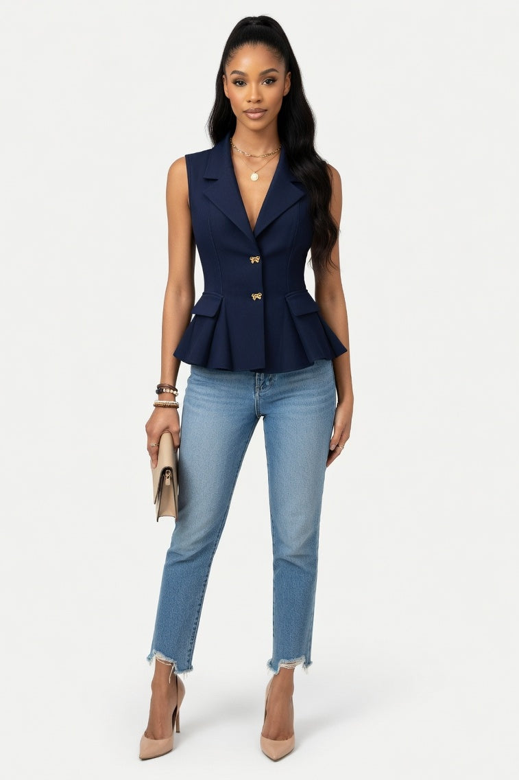 V-Neck Suit Vest with Bow Detail — Dark Blue