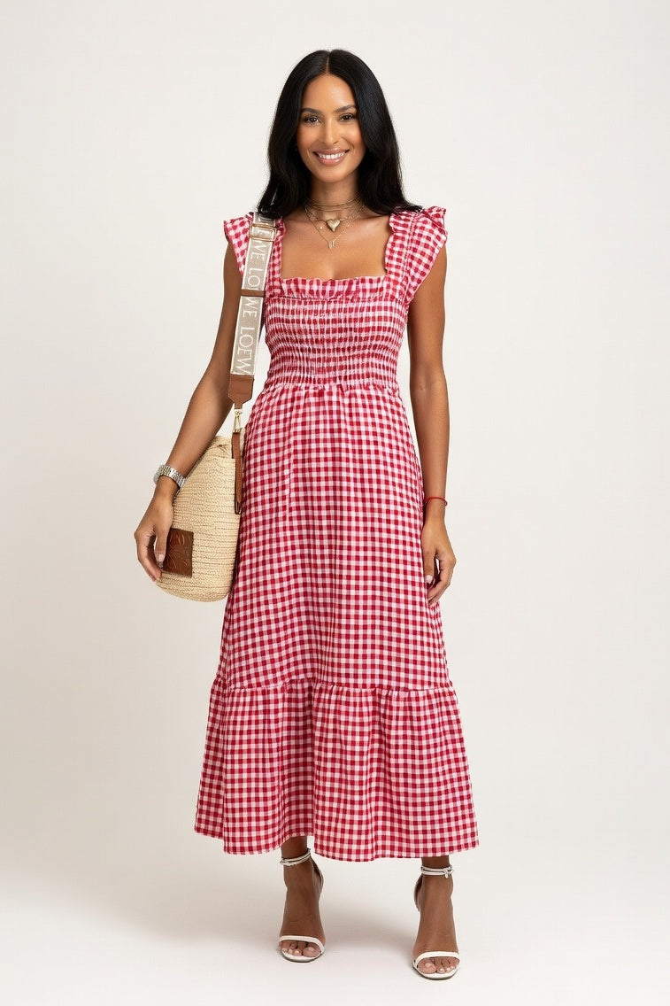 Plaid Patchwork Midi Dress — Red