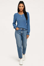 Micro-Puff Sleeve Knit Top — Navy Blue