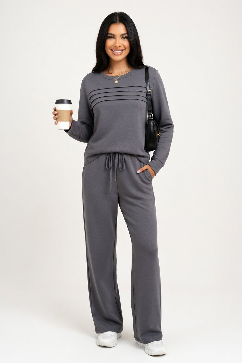 Ribbed Top & Wide Leg Trouser Set — Dark Grey