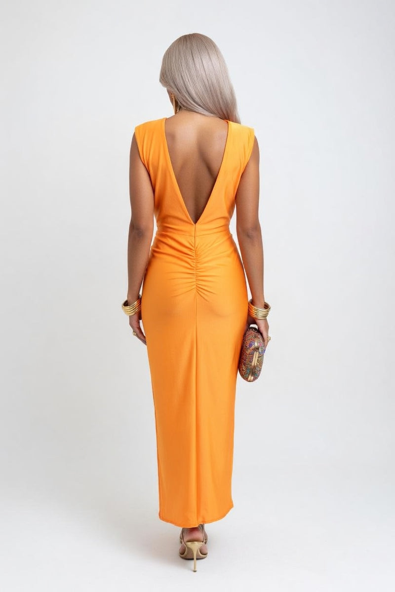 Satin V-Neck Pleated Dress — back view