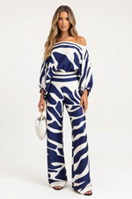 Printed Off-Shoulder Wide Leg Co-ord Set — Blue Brown Gradient